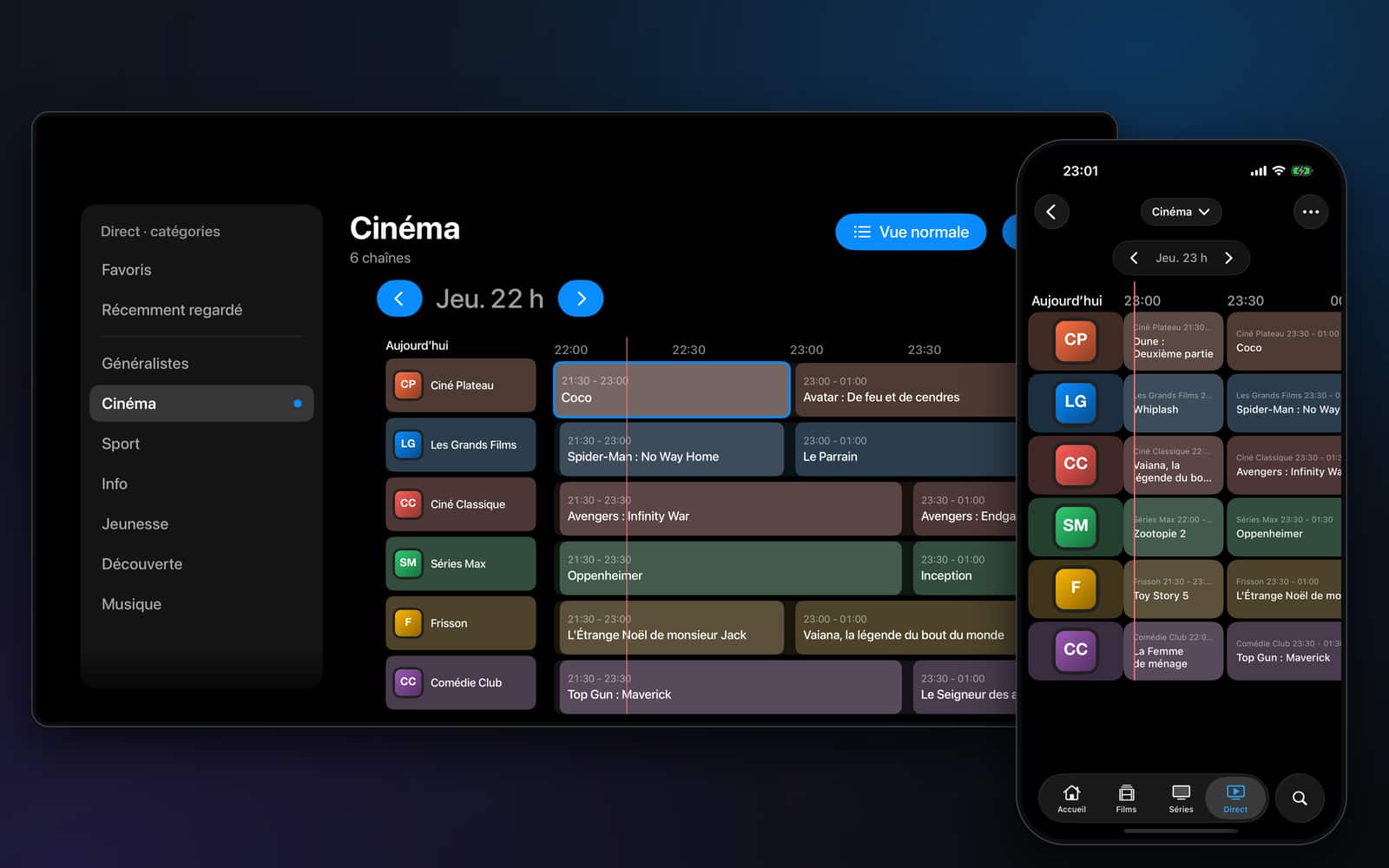 Noza IPTV screen: TV guide