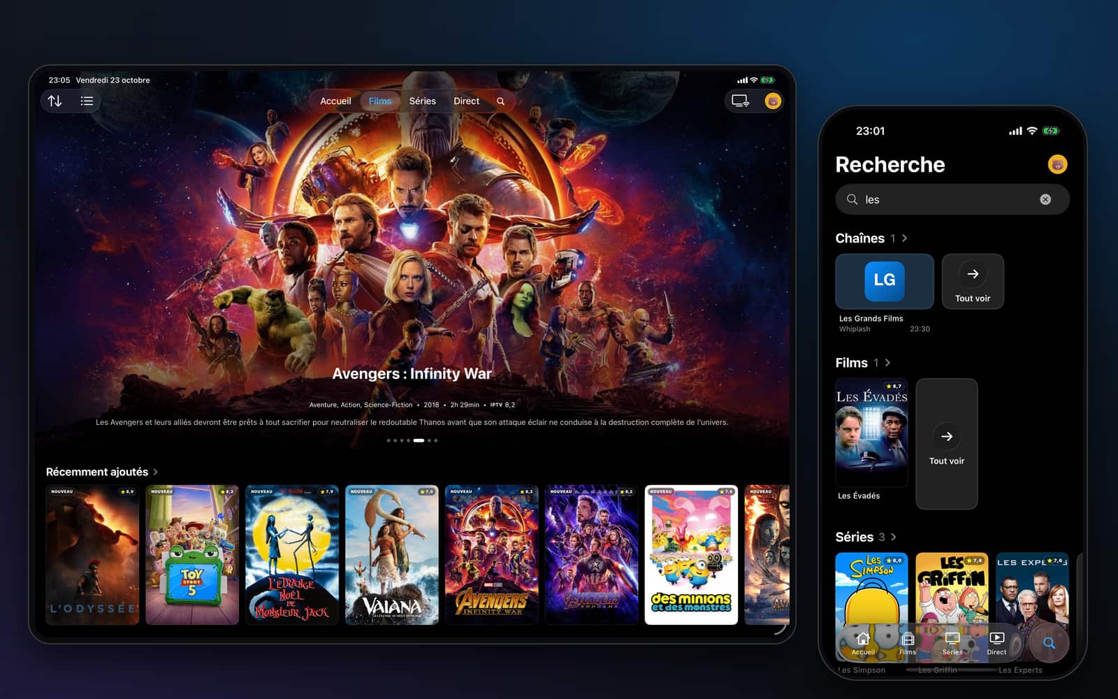 Noza IPTV screen: Search and My List